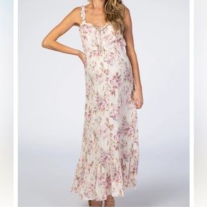 Pink Blush Maternity Cream Floral Shimmer Lace-Up Maxi Dress